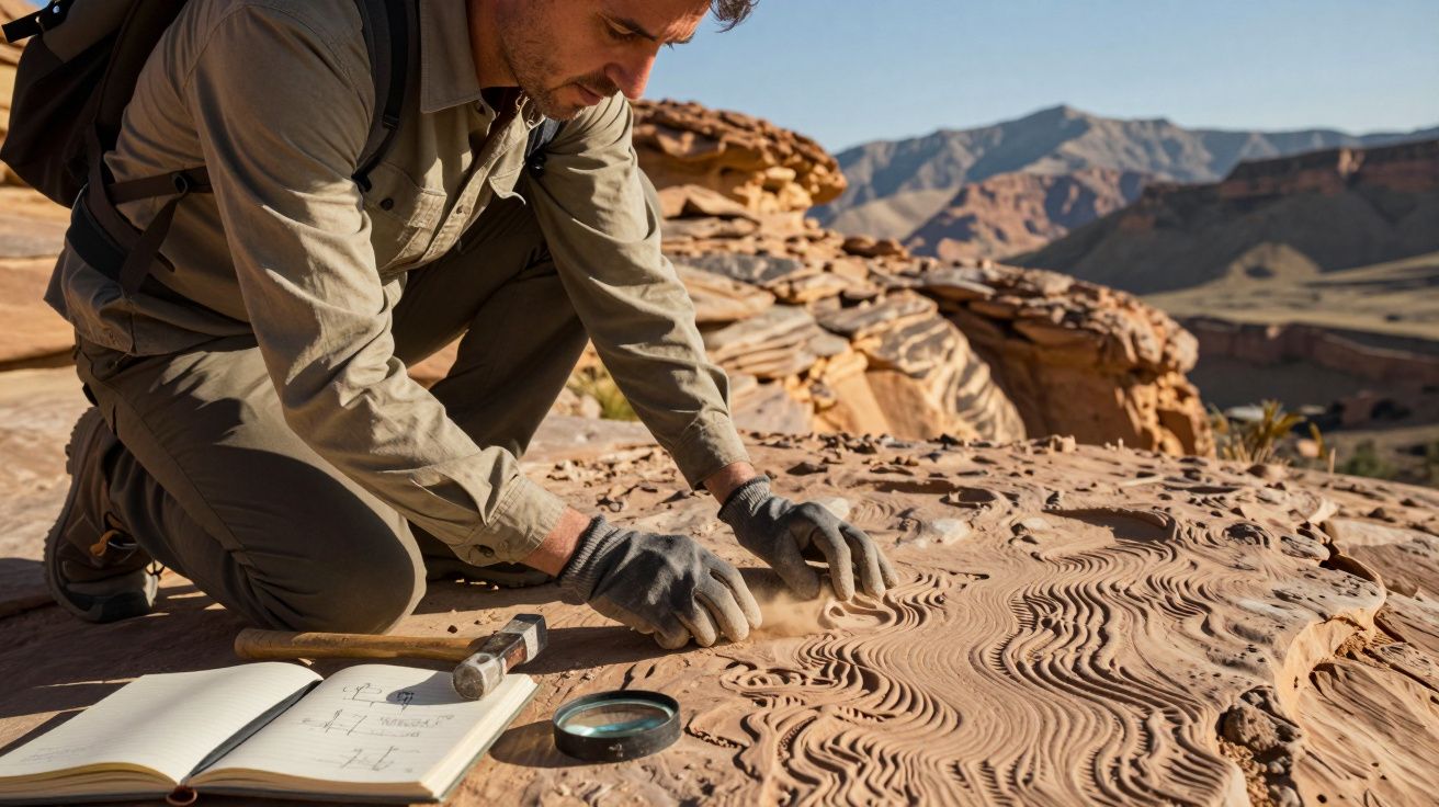 Homem escavando fósseis em rocha sedimentar num deserto com montanhas ao fundo, usando luvas.