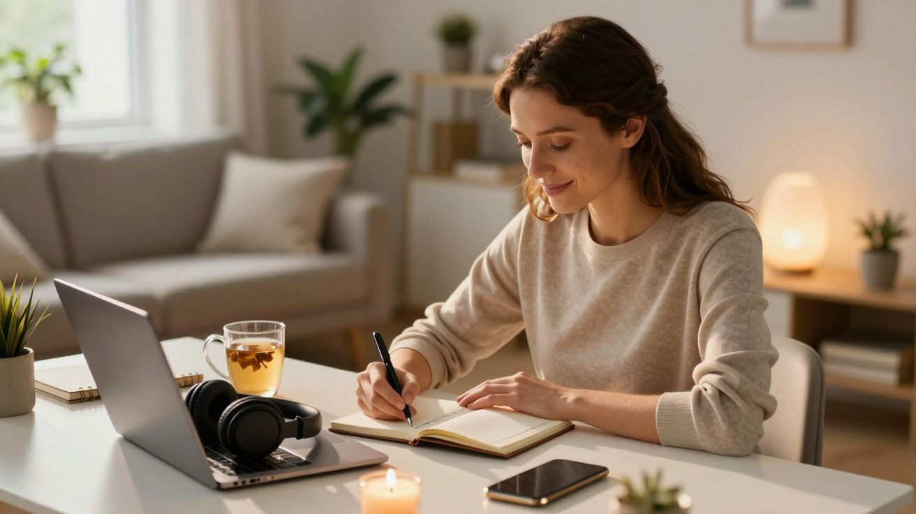 Mulher jovem sentada a escrever num caderno, com computador, chá e auscultadores numa mesa em casa.