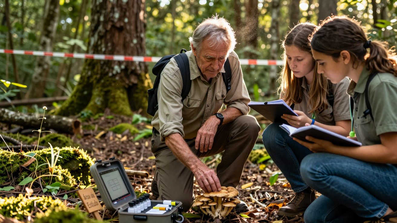 Homem idoso e duas jovens estudam cogumelos numa floresta, anotando observações em cadernos.