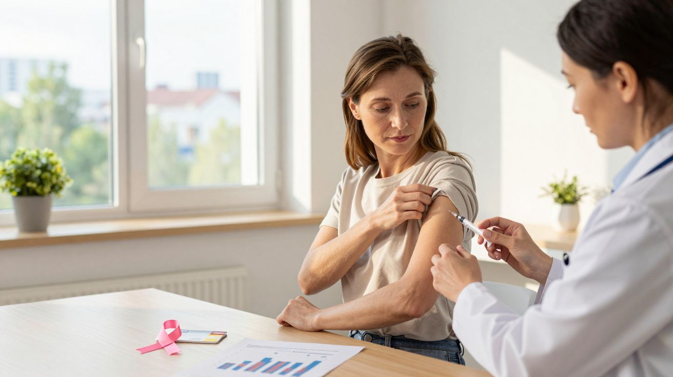 Mulher a receber vacina no braço por profissional de saúde num consultório iluminado.