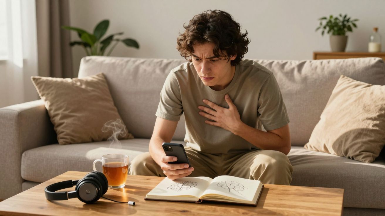 Homem sentado no sofá com expressão preocupada, a segurar o telemóvel e a tocar no peito.