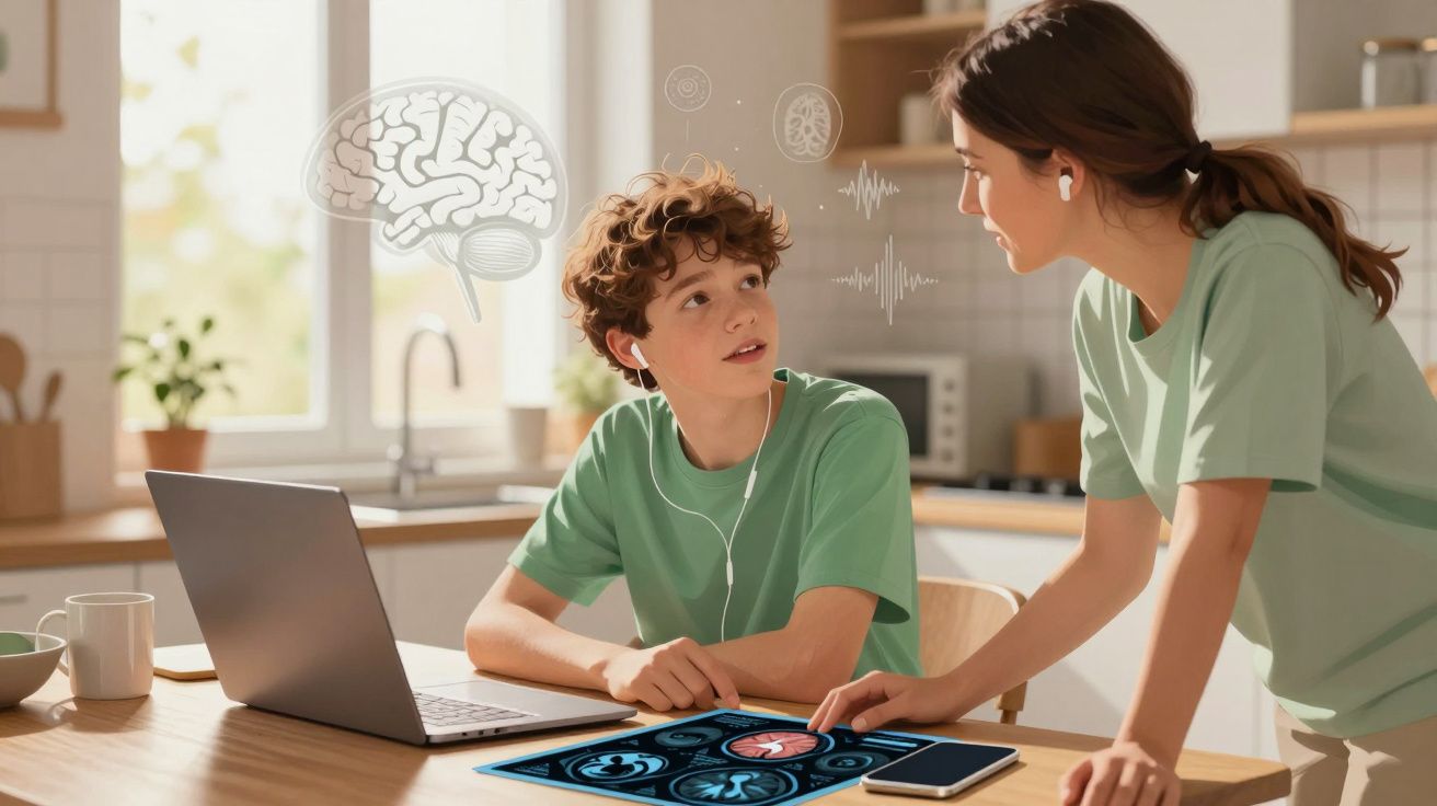 Mulher e rapaz com roupa verde estudam imagens cerebrais numa cozinha moderna, usando auscultadores.