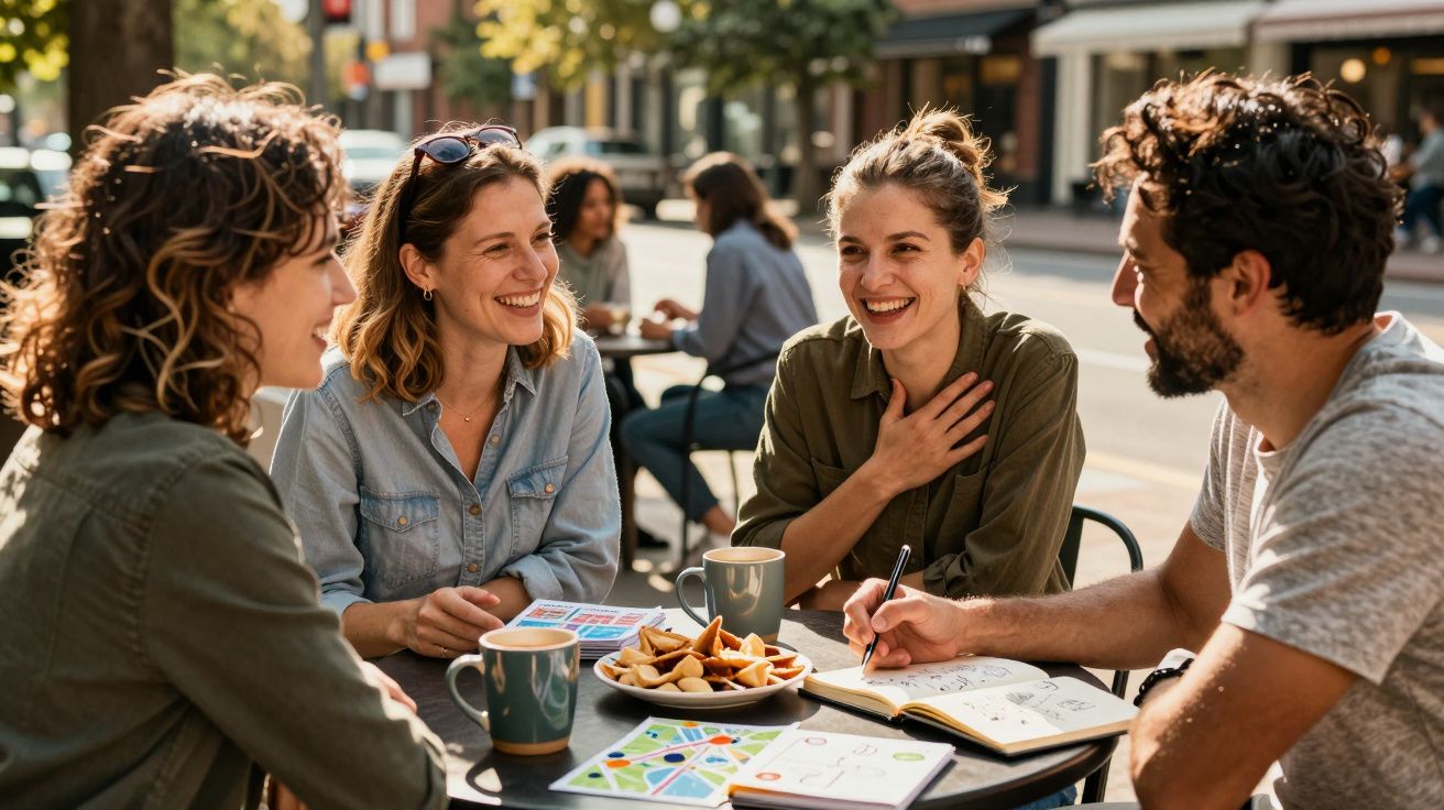 Quatro amigos sentados numa esplanada a conversar, sorrir e tomar café numa tarde ensolarada.