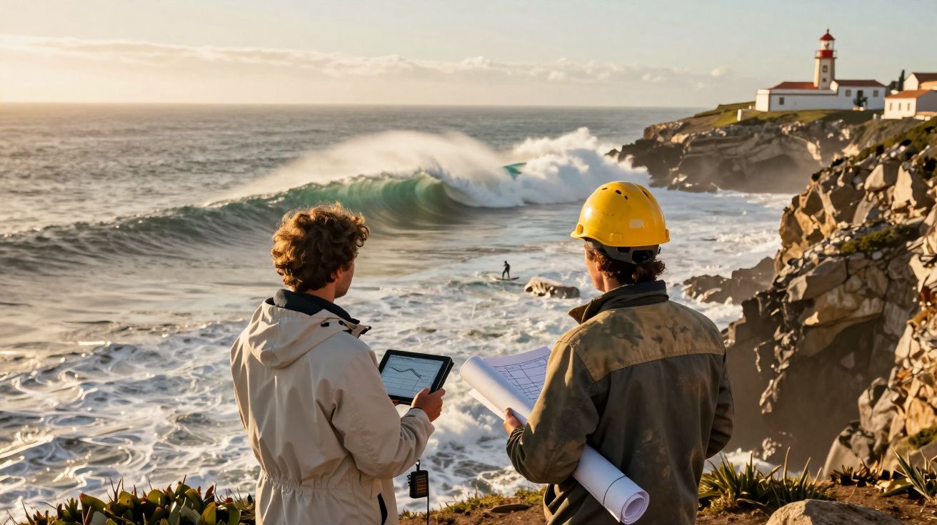 Duas pessoas observam o mar com ondas grandes perto de um farol numa costa rochosa ao pôr do sol.