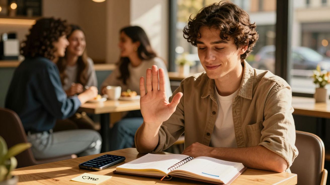 Jovem a estudar numa mesa de café, a levantar a mão com expressão tranquila, com amigas ao fundo.