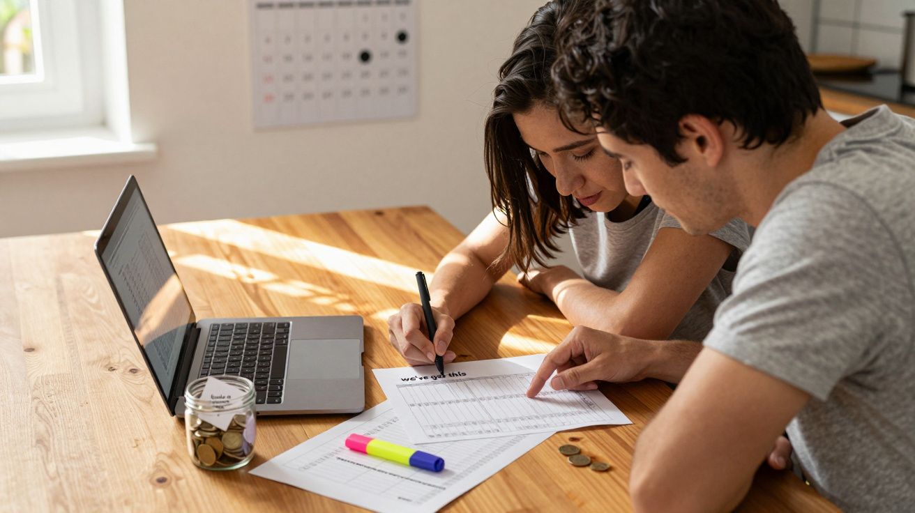 Casal a analisar documentos financeiros numa mesa com computador portátil, jarro de moedas e marcadores coloridos.