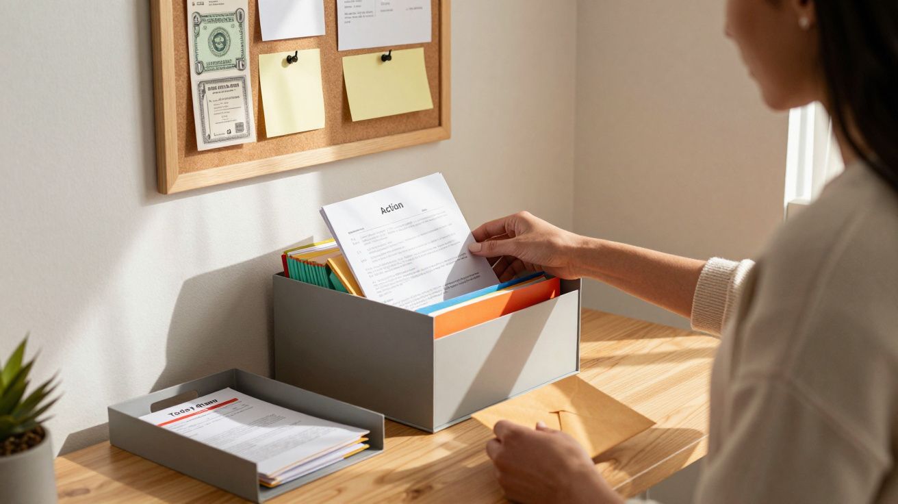 Pessoa a organizar documentos coloridos numa caixa de arquivo sobre secretária de madeira clara.
