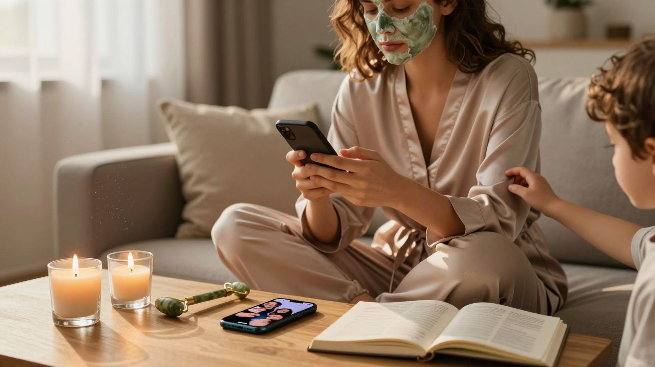 Mulher com máscara facial sentada no sofá, usa telemóvel, com velas, livro e criança a tocar no braço.