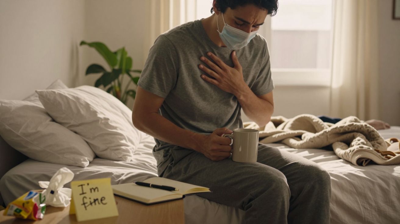 Homem com máscara na cama, segurando caneca, aparenta estar doente e com dor no peito.