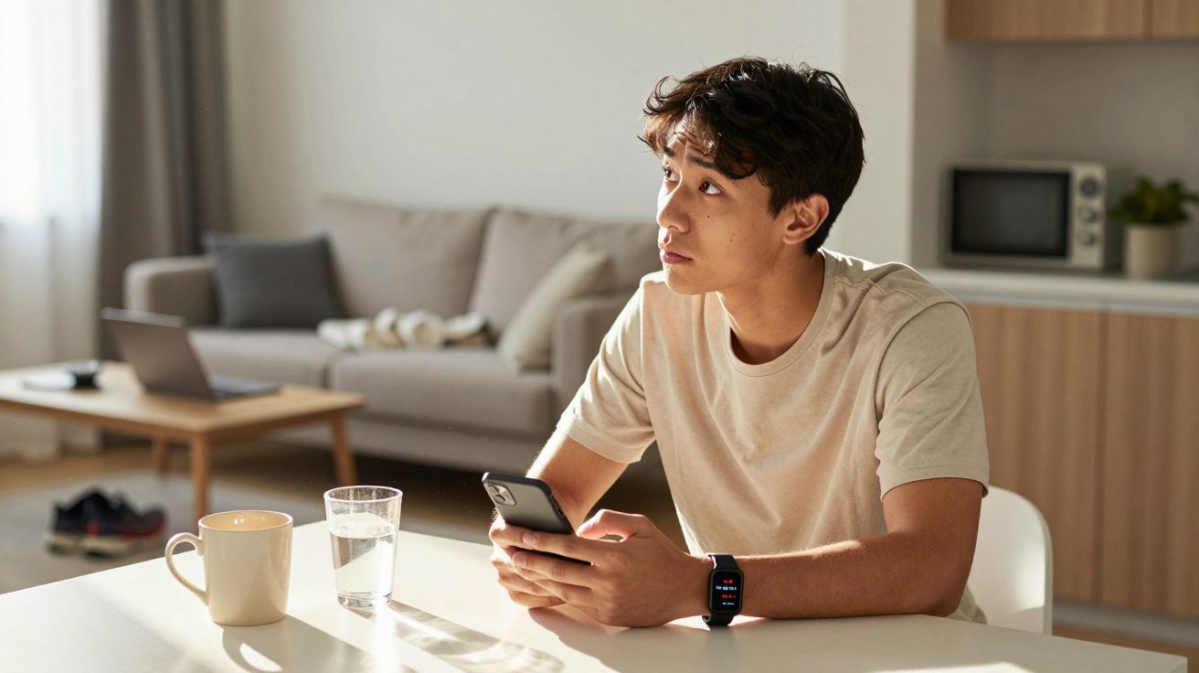 Jovem sentado numa mesa com telemóvel na mão, olhando para o lado, com chá e copo de água à frente.