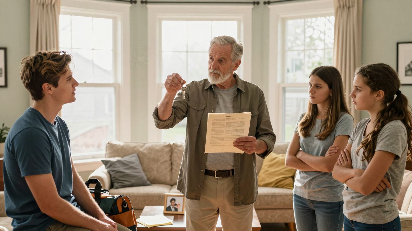 Homem idoso entrega chaves e documento para três jovens numa sala iluminada e acolhedora.