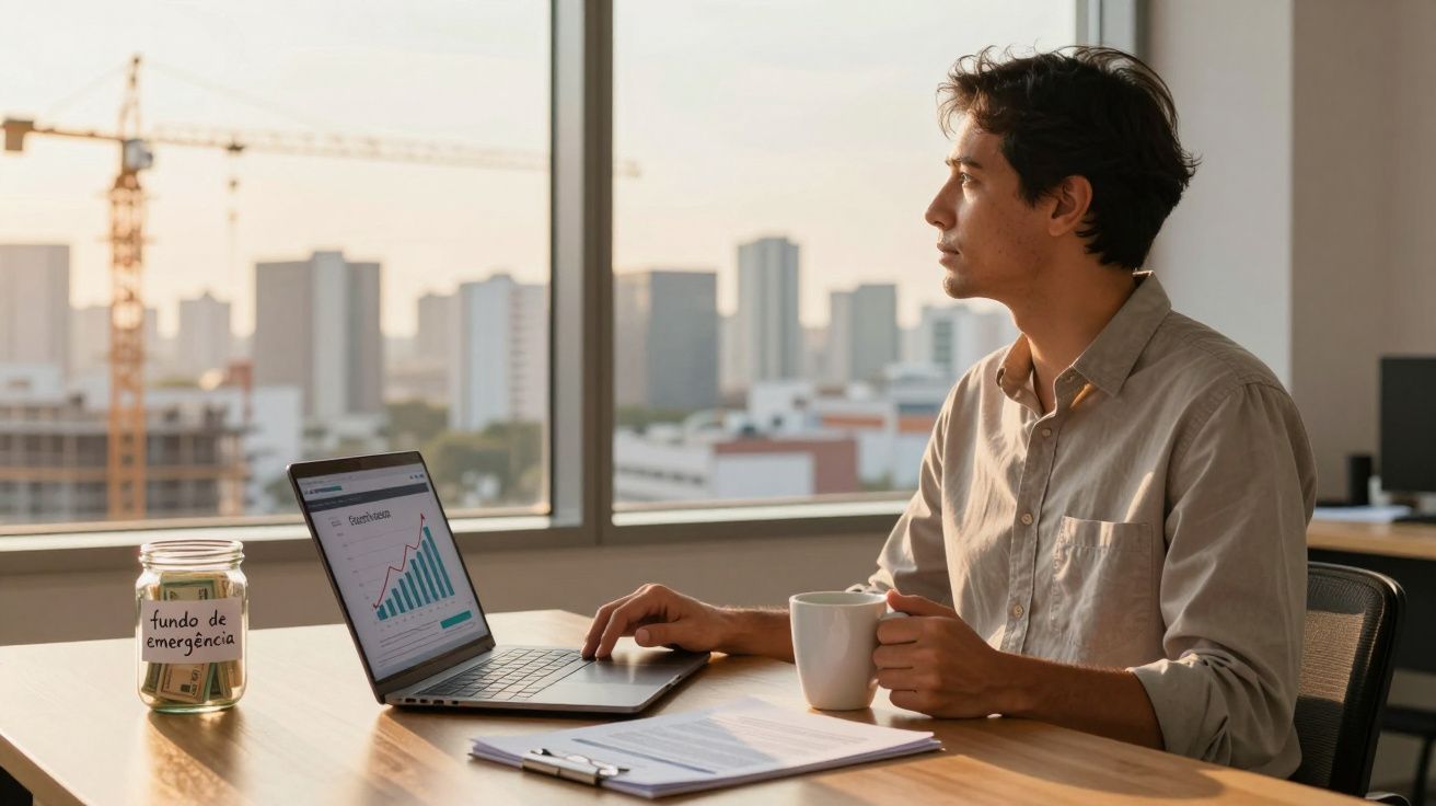 Homem sentado numa mesa de escritório a trabalhar no portátil, com jarro de fundo de emergência e vista para a cidade.