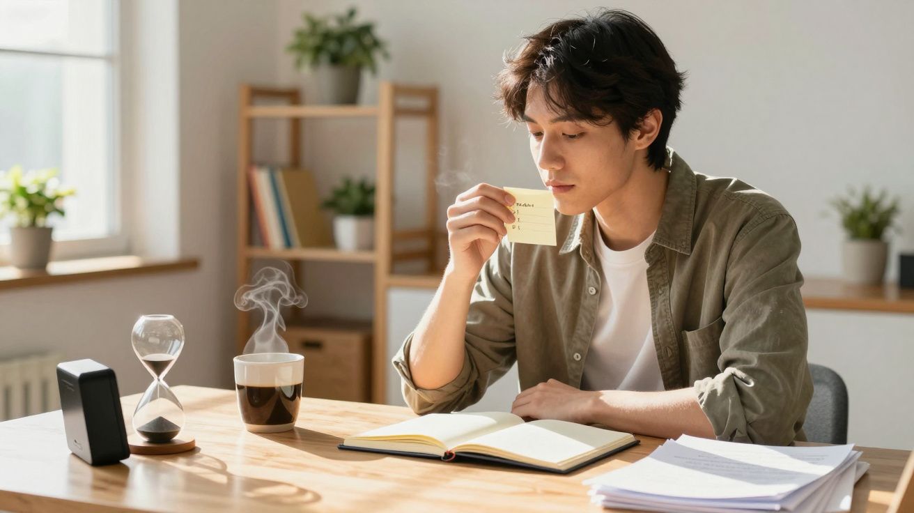 Jovem sentado numa mesa, lendo um post-it, com livros, documentos, café quente e ampulheta à sua frente.