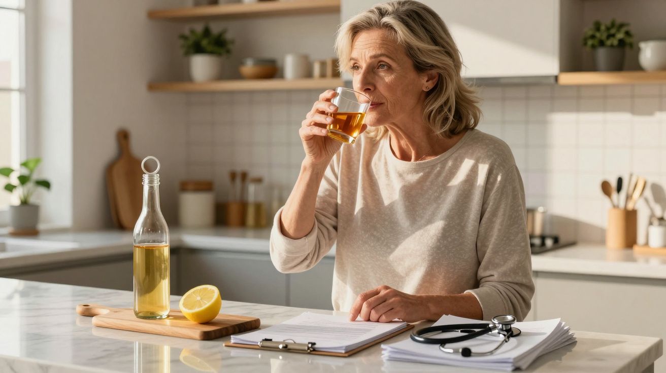 Mulher madura a beber chá junto a mesa com limão, garrafa, papeis e estetoscópio numa cozinha iluminada.