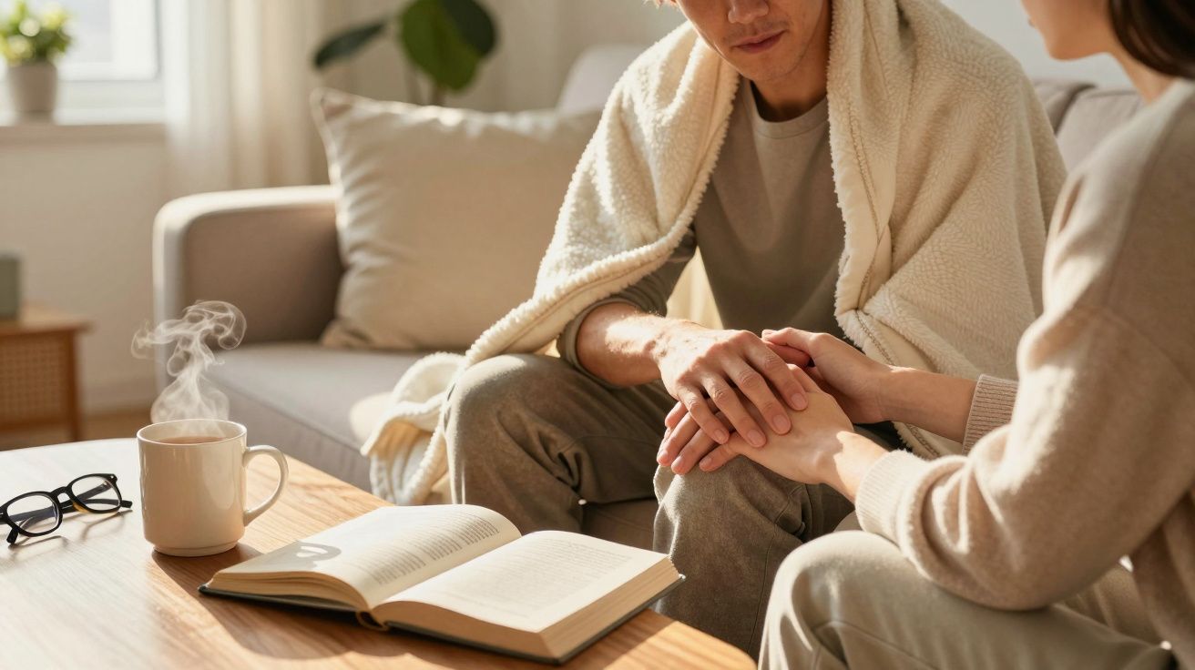 Casal de mãos dadas no sofá, com manta, bebida quente e livro aberto numa sala iluminada.