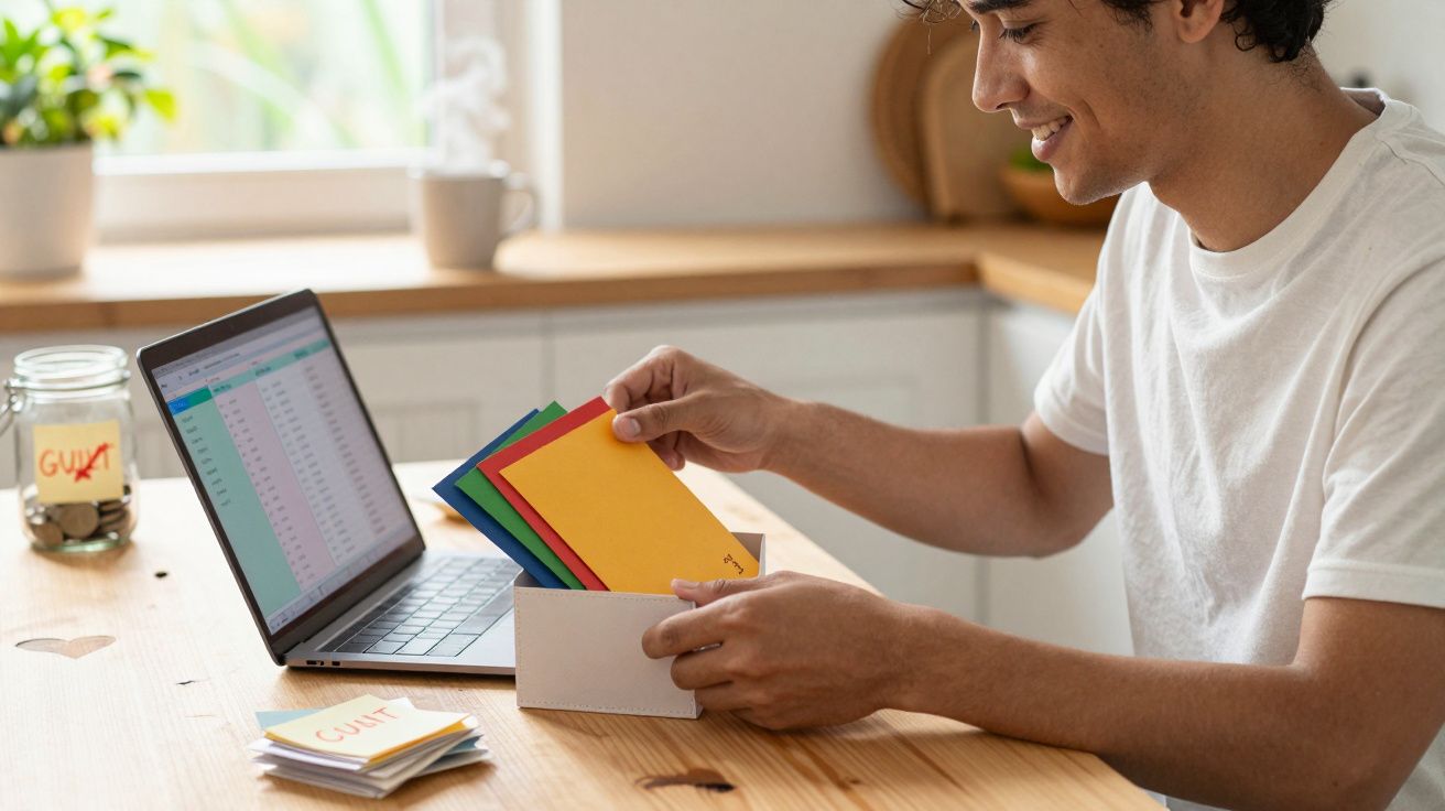 Homem a organizar cartões coloridos numa caixa junto a um portátil aberto numa mesa de madeira.