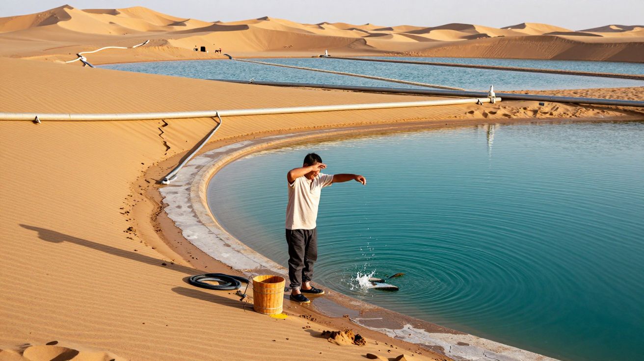 Homem recolhe peixe num reservatório circular no meio do deserto com dunas de areia ao fundo.