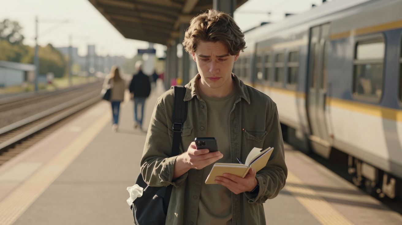 Jovem na estação de comboios com mochila consulta telemóvel e segura caderno, comboio parado ao lado.
