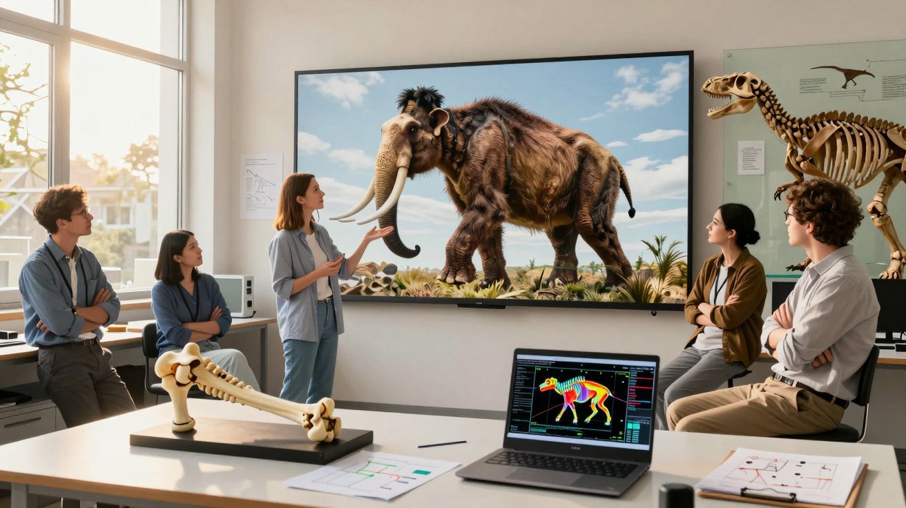 Grupo de jovens em laboratório, observam imagem digital de mamute em ecrã durante explicação científica.