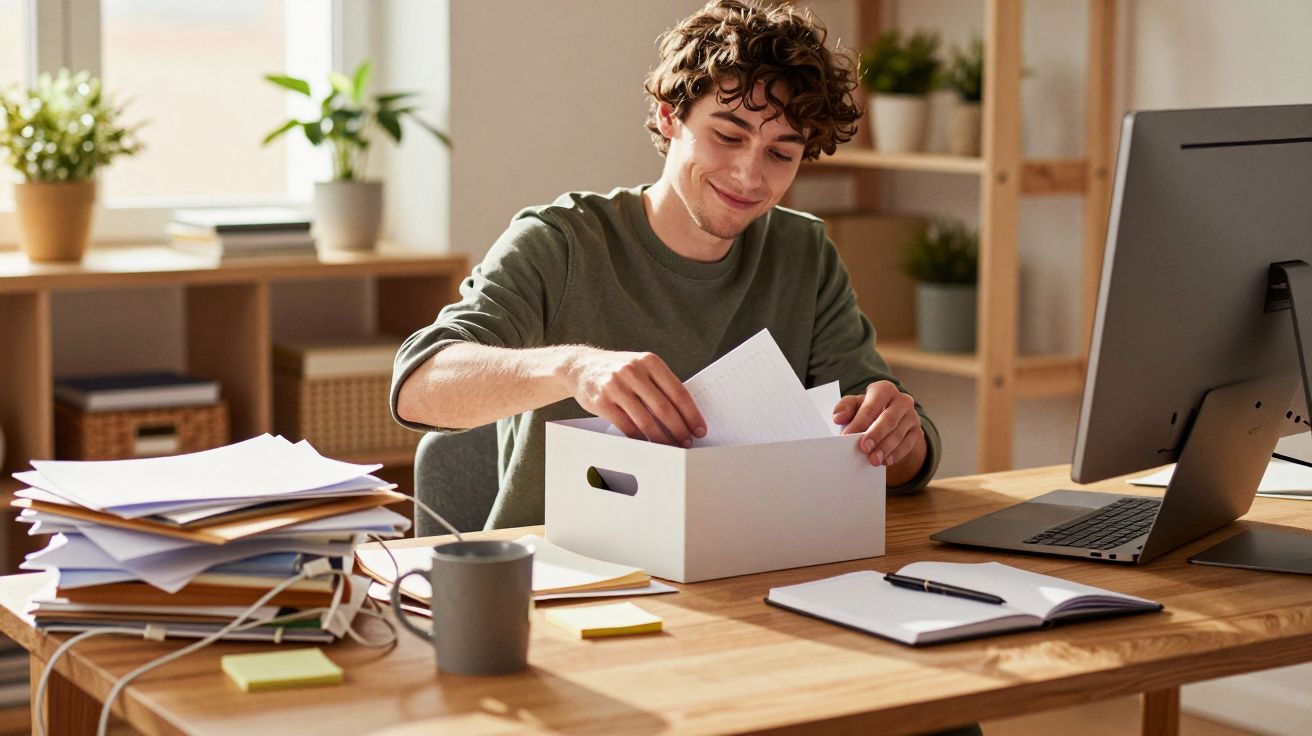 Jovem sentado a organizar documentos numa caixa branca numa secretária com computador e papéis.