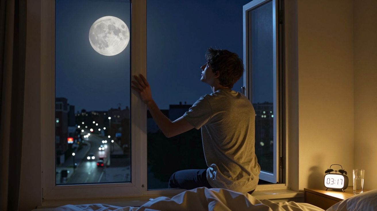 Jovem sentado na janela de um quarto à noite, olhando para a lua cheia no céu urbano iluminado.
