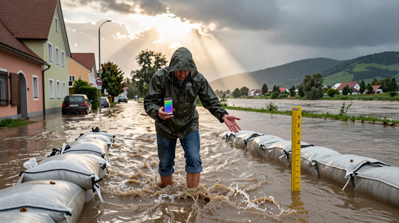 Homem com capa impermeável mede nível da água em rua inundada com sacos de areia e celular na mão.