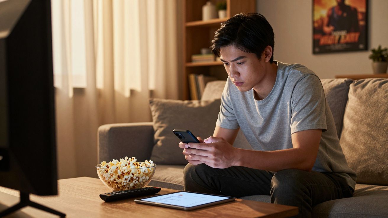 Homem sentado no sofá a usar o telemóvel, com um tablet, controle remoto e taça de pipocas à frente.
