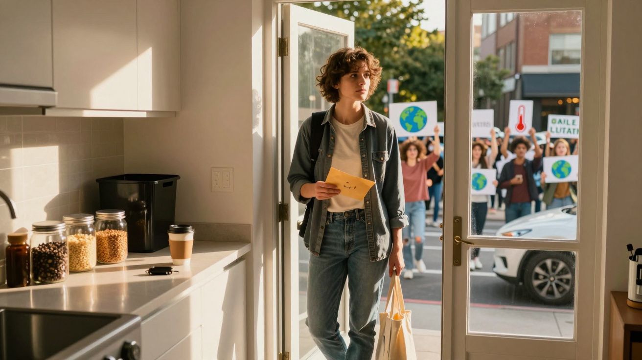 Jovem entra em casa com carta enquanto protesto ambiental ocorre na rua em frente.