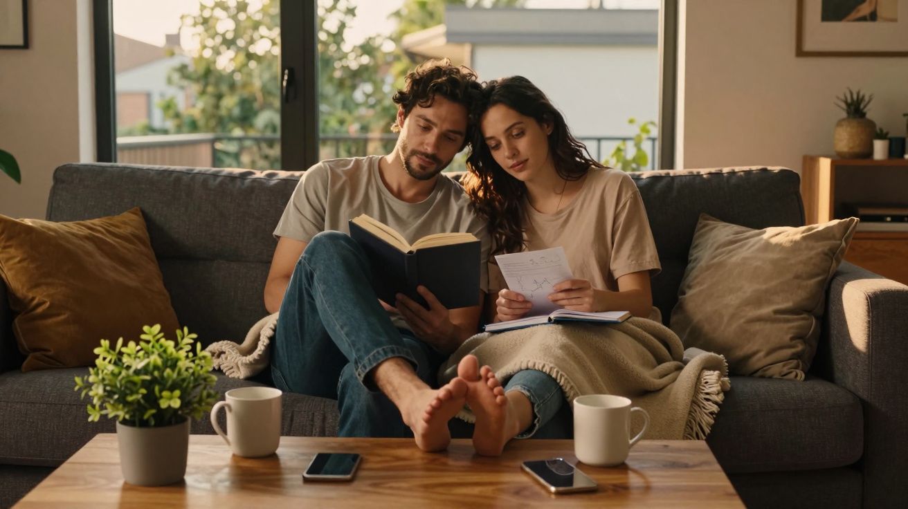 Casal sentado no sofá a estudar, com livro e notas, numa sala bem iluminada e confortável.