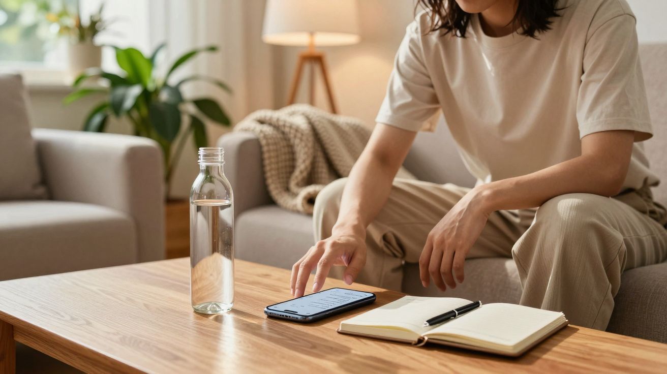 Pessoa sentada no sofá a usar telemóvel, com garrafa de água e caderno numa mesa de madeira à frente.