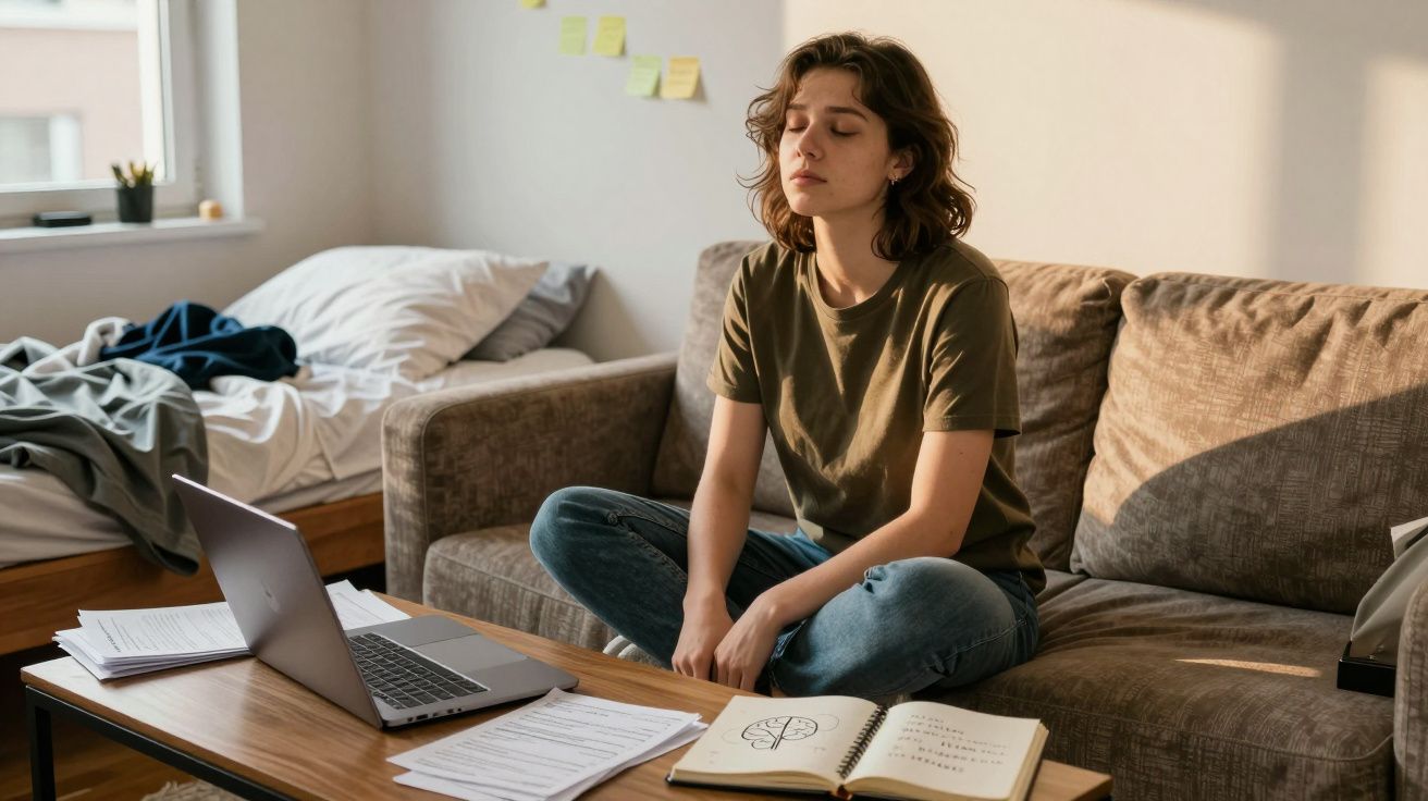 Mulher sentada de pernas cruzadas no sofá, com olhos fechados, rodeada de livros e computador portátil.