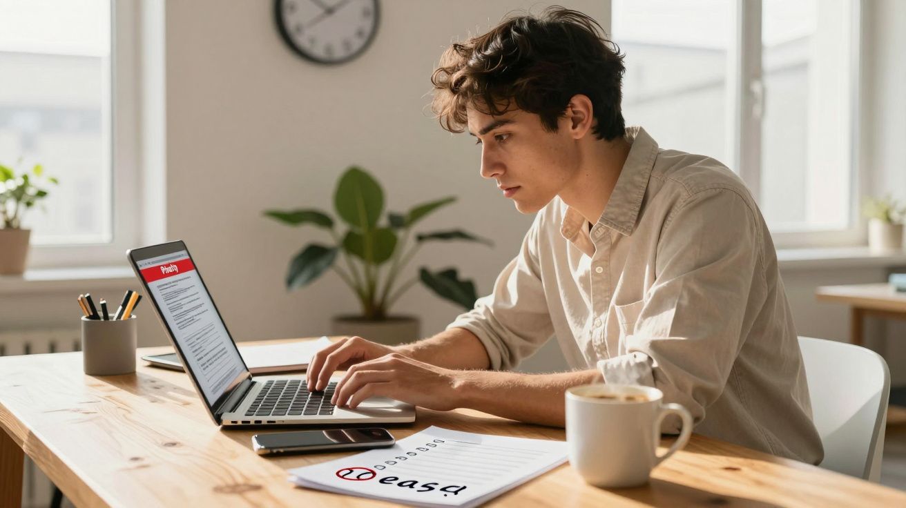 Jovem a trabalhar num computador portátil numa mesa de madeira com caderno, caneca e telemóvel.