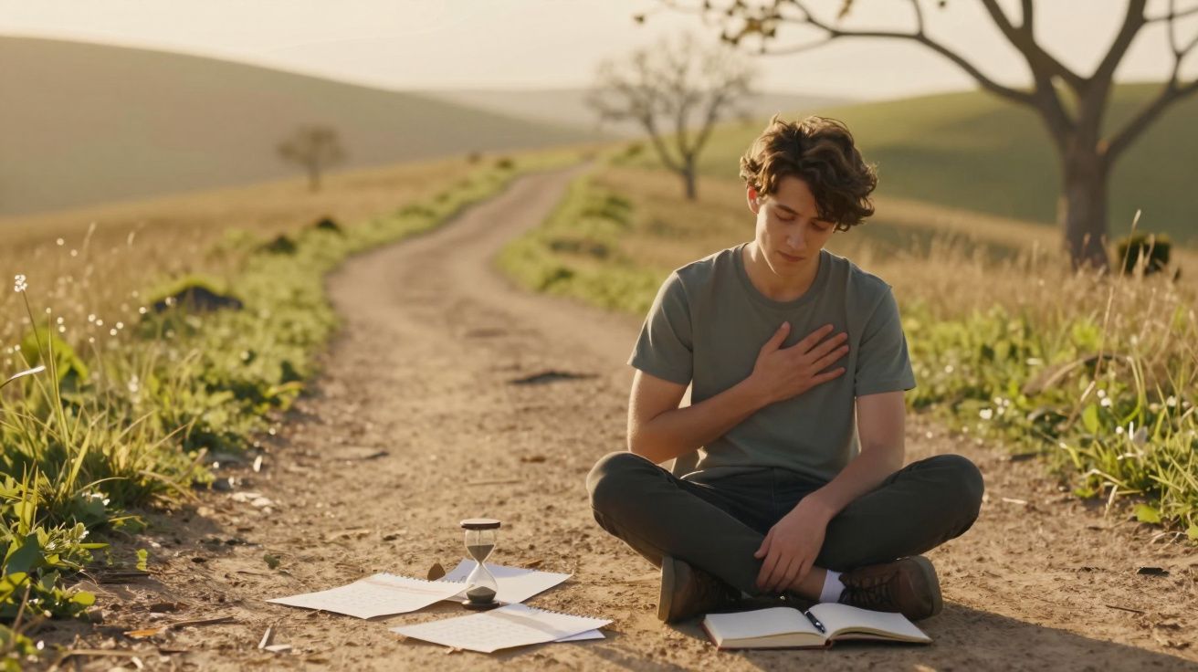 Jovem sentado numa estrada de terra com livros, folhas e ampulheta, emoção à mão no peito.