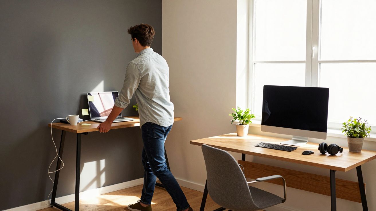 Homem em pé a trabalhar num portátil numa secretária perto de outra com computador e janela iluminada.