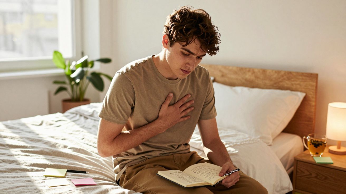 Jovem sentado na cama, com a mão no peito, lendo um livro, num quarto iluminado e acolhedor.