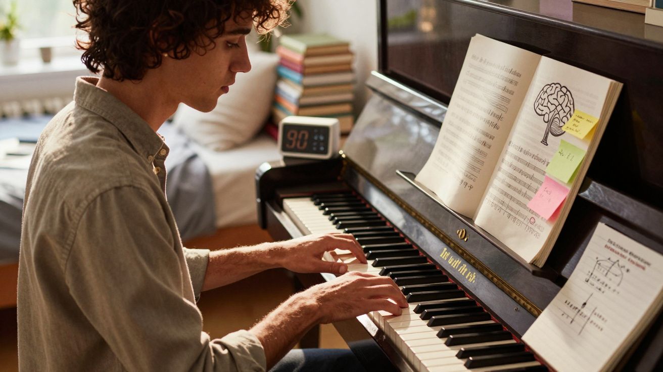 Jovem a tocar piano acústico com partituras e notas adesivas num ambiente doméstico iluminado.