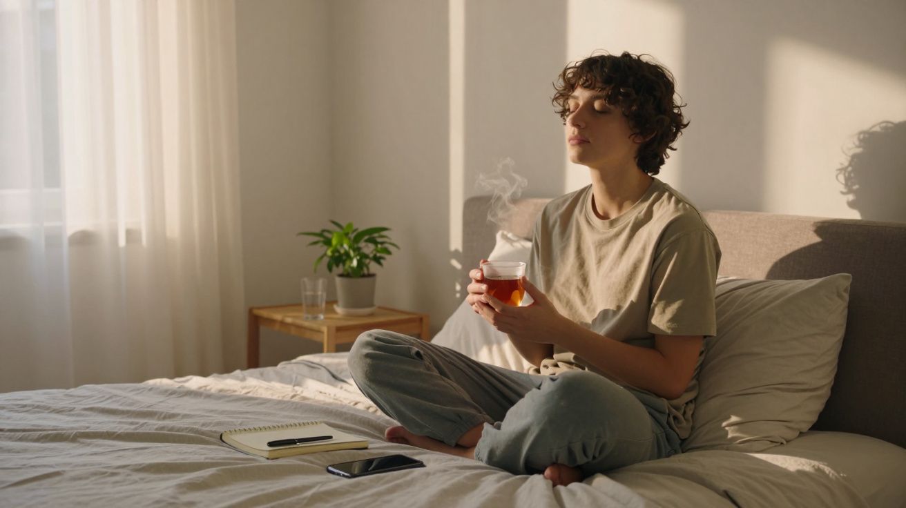 Pessoa sentada na cama a segurar chá quente, com olhos fechados e luz suave a entrar pela janela.