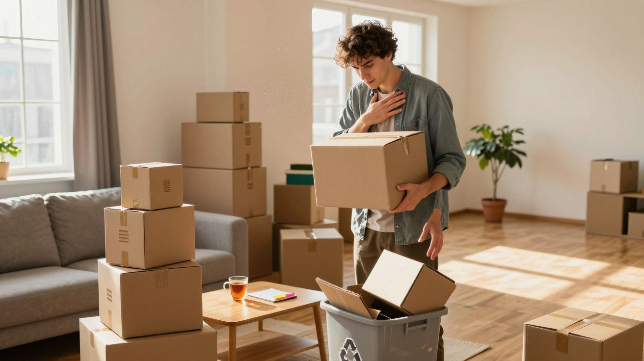 Homem jovem segurando caixa e surpreendido ao descartar papelão em contentor de reciclagem numa sala cheia de caixas.