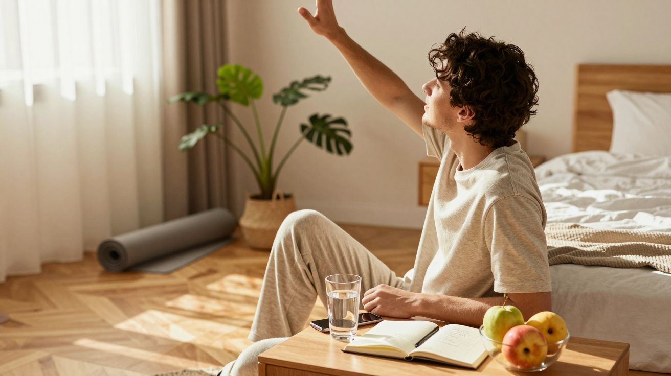 Jovem sentado no chão do quarto à luz do sol, estendendo a mão para a janela com copo de água e frutas na mesa.
