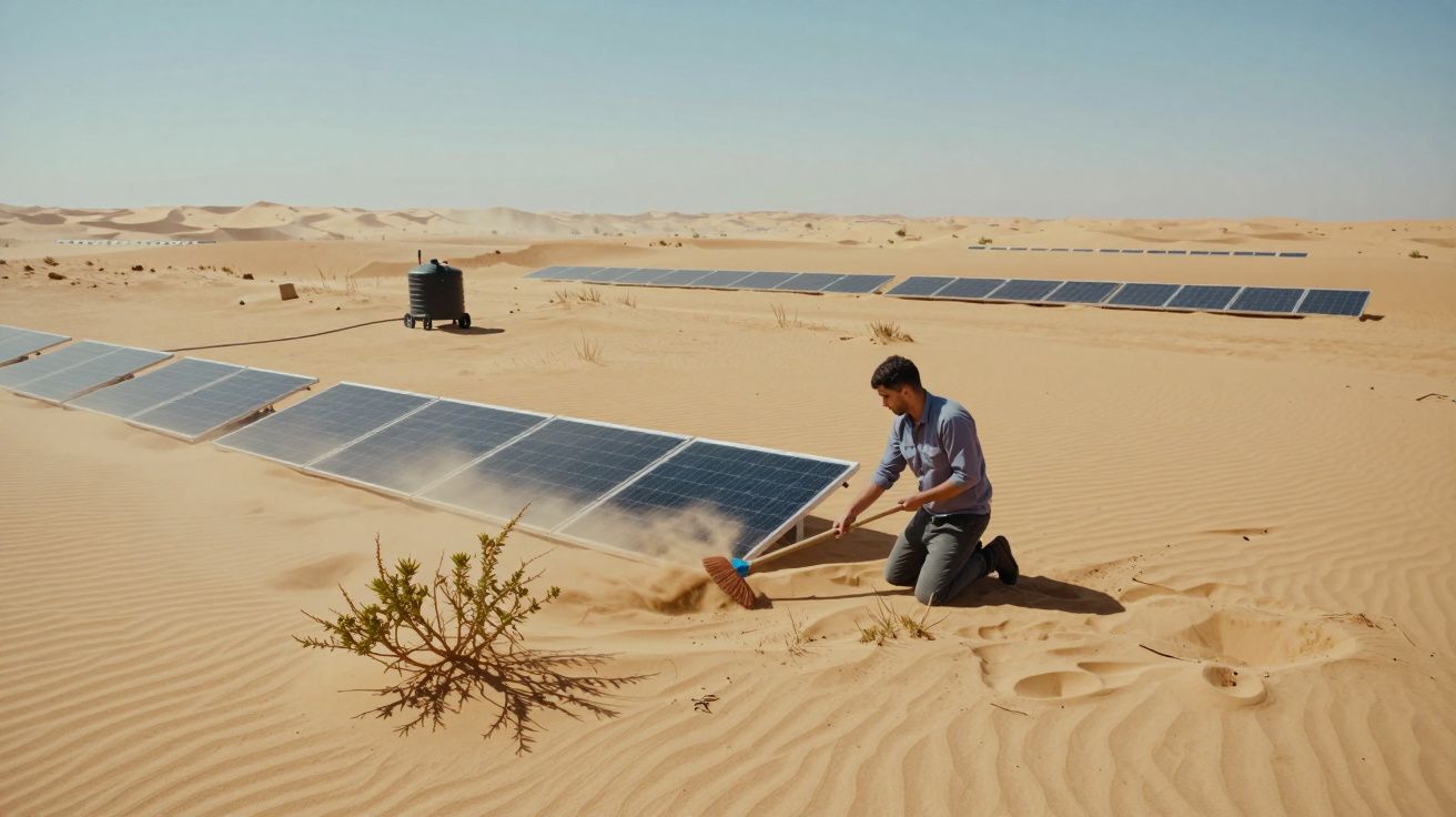 Homem limpa painéis solares com vassoura no deserto, rodeado de dunas de areia e vegetação seca.