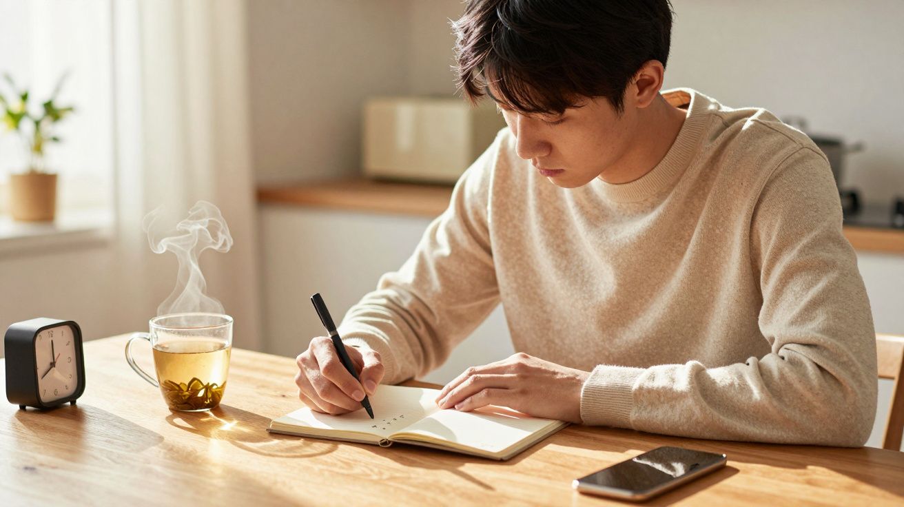 Homem jovem a escrever num caderno sentado à mesa com chá quente e telemóvel ao lado.