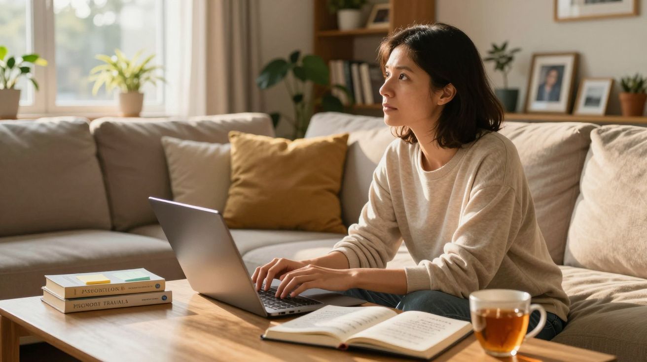 Mulher sentada no sofá a trabalhar com computador portátil e livros numa sala iluminada por luz natural.