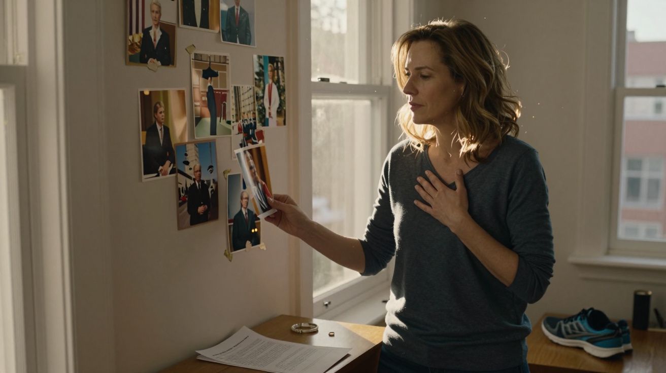 Mulher a olhar fotografias penduradas na parede, com mão no peito, em ambiente iluminado por luz natural.