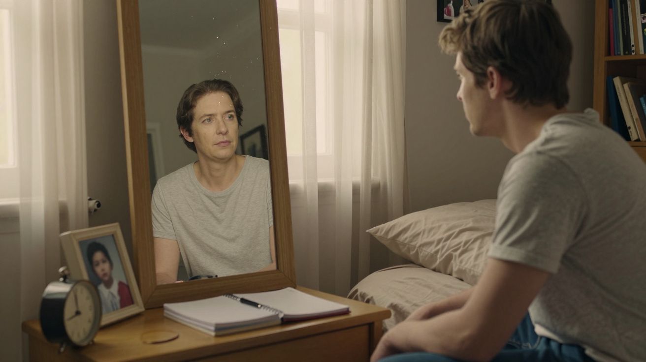 Homem sentado no quarto a olhar para o seu reflexo no espelho numa manhã iluminada.