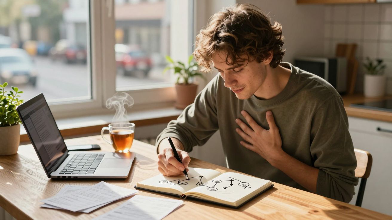 Jovem sentado a desenhar um fluxograma num caderno enquanto trabalha em casa com portátil e chá quente à janela.