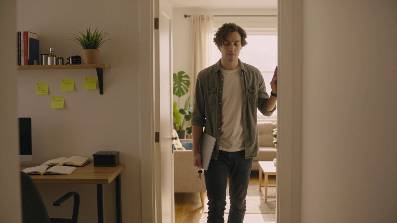 Homem jovem com computador portátil a entrar numa sala iluminada com planta e mobiliário moderno.