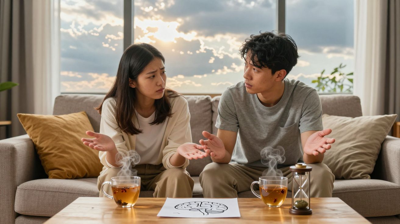 Casal sentado no sofá a discutir com chá quente e desenho de cérebro sobre a mesa.