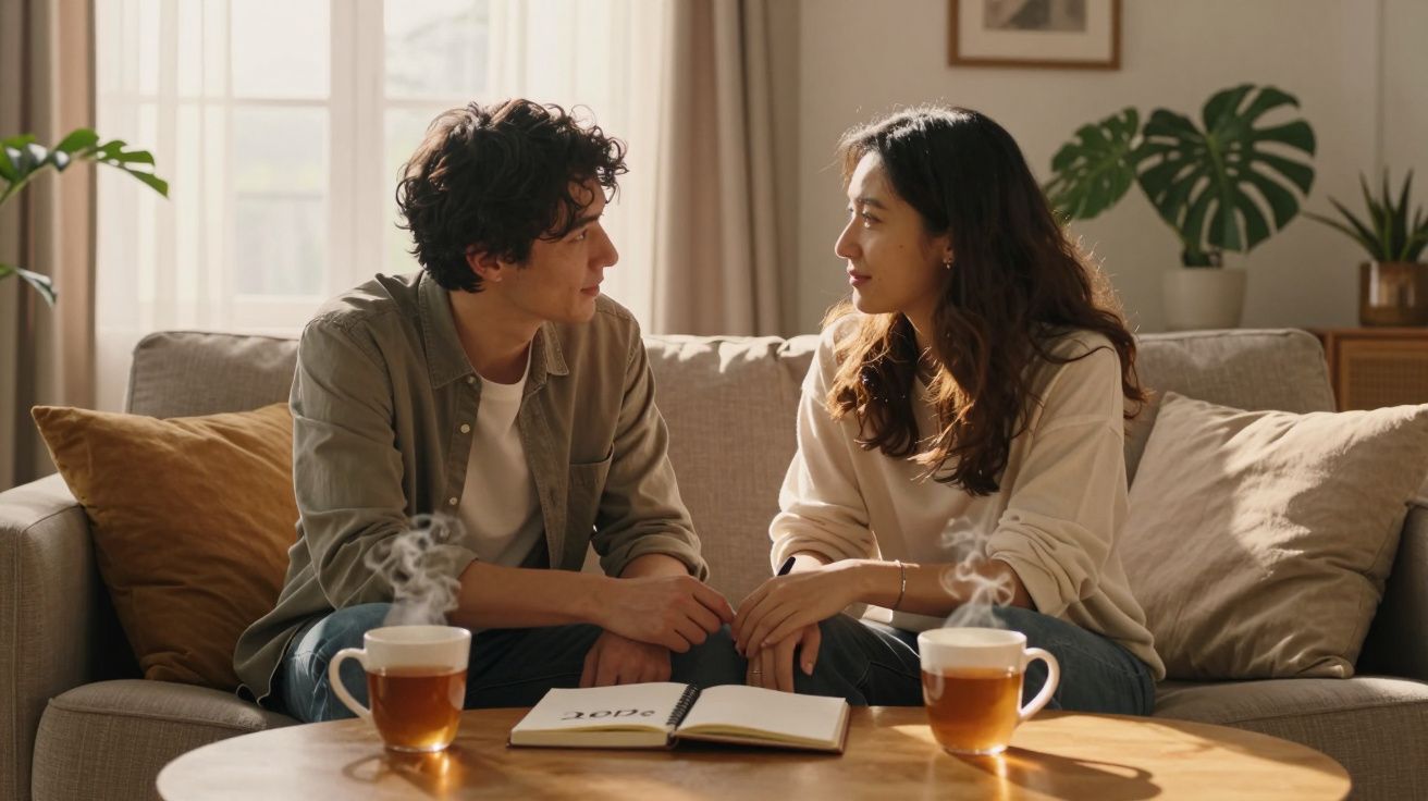 Casal sentado no sofá com canecas de chá fumegante e um caderno na mesa, numa sala acolhedora e iluminada.