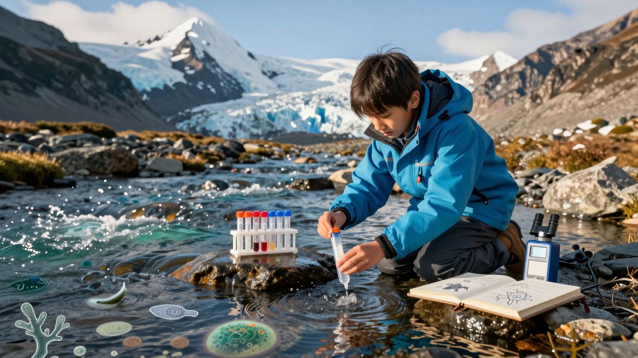 Criança a recolher amostra de água numa ribeira de montanha com tubos de ensaio e caderno aberto.