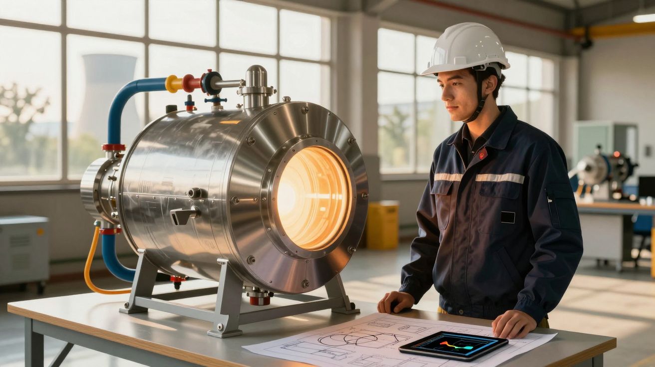 Engenheiro em capacete observa aparelho metálico grande iluminado numa sala industrial.